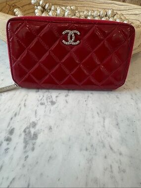 CHANEL Quilted Patent Leather Wallet in Deep Red with Silver CC